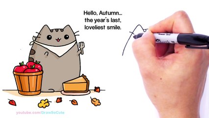 How to Draw Autumn Pusheen Cat Eating Pie step by step Easy - Fall Leaves