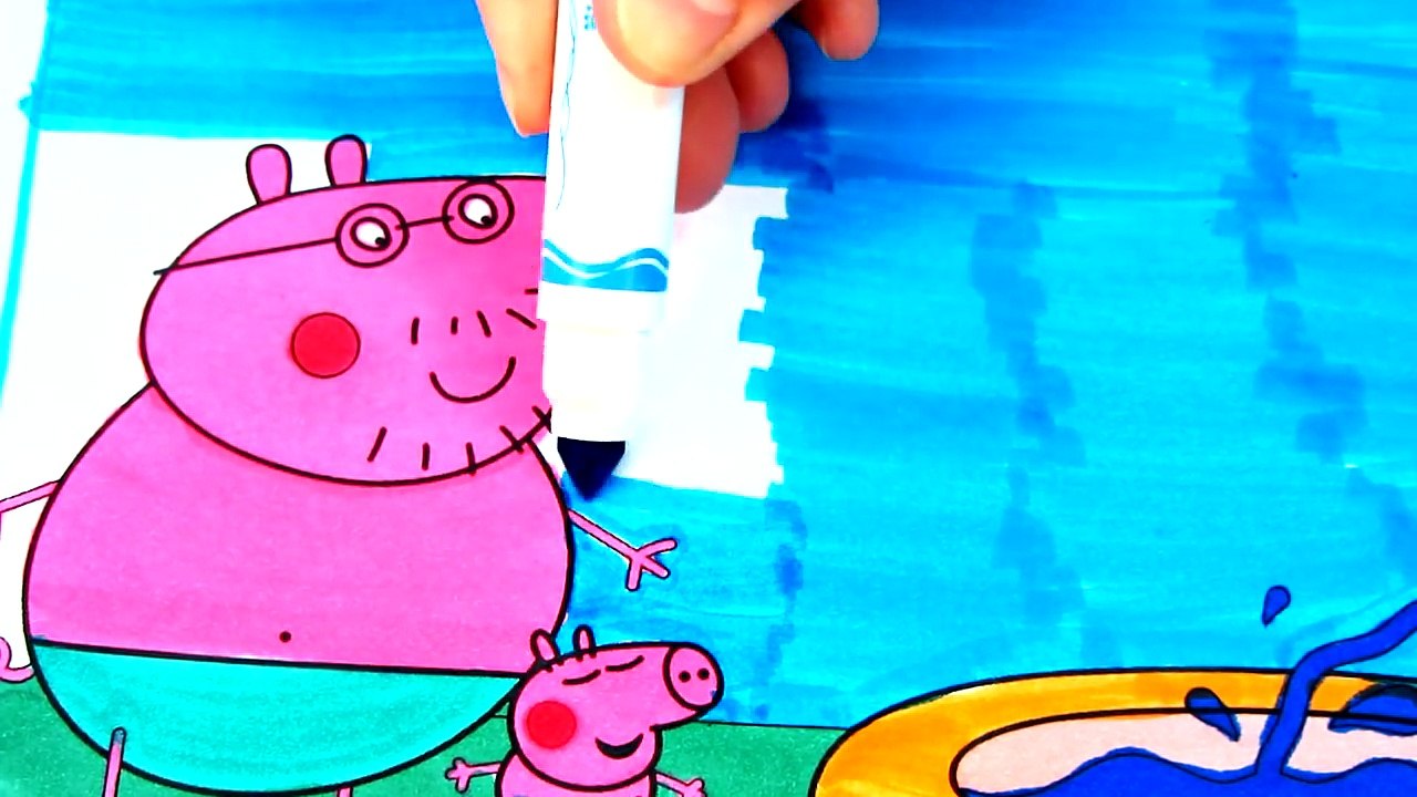 Pool Coloring Pages with Peppa Pig George and Daddy Pig Videos For Kids with Colored Markers