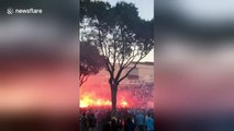 OM fans light up flares in front of Stade Velodrome in Marseille