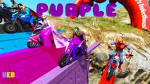 LEARN COLORS w/ SUPERHEROES CLIFF JUMP on Motorcycles Cartoon for kids and babies