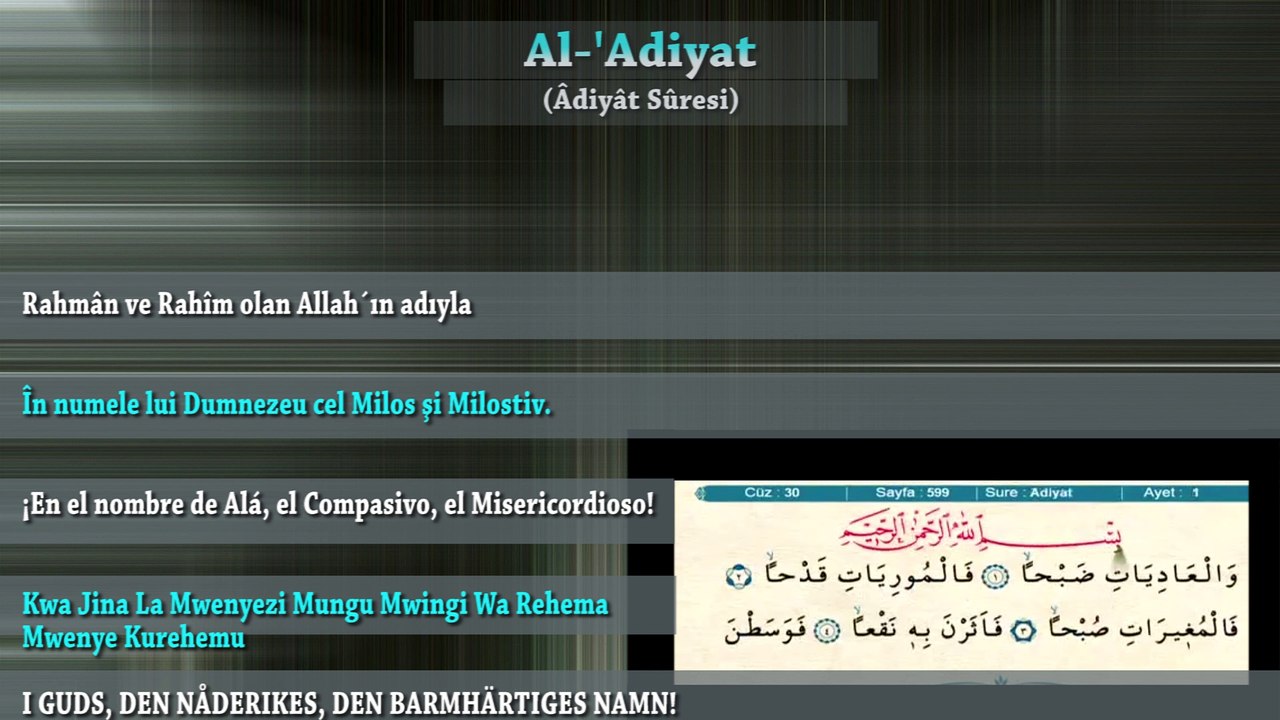 Adiyat Surat al-Sayf (Kiromania, Kihispaniola, Kiswahili, Kiswidi, Kituruki) Maana,