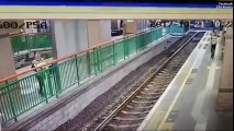 Sickening moment cleaner is shoved onto train tracks by commuter