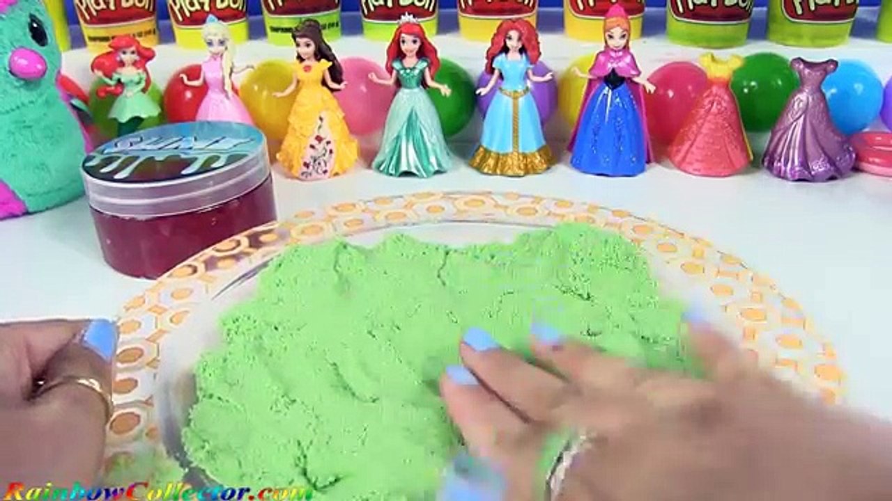 DIY Disney Elsa Merida Belle In A Green Kinetic Sand & Pink Slime-Baff Pond by Rainbow Collector