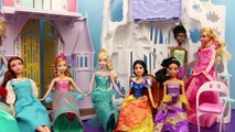 BARBIE CRASHES PARTY DisneyCarToys at Frozen Elsa and Annas Castle with Jasmine and Merida