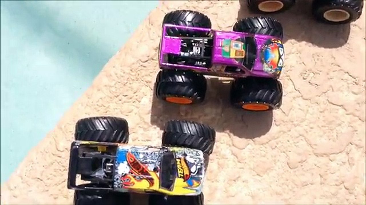 HOT WHEELS MONSTER TRUCKS IN THE POOL