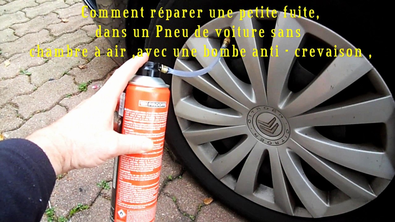 Comment réparer une petite fuite,  dans un Pneu de voiture sans  chambre à air , avec une bombe anti - crevaison  ,
