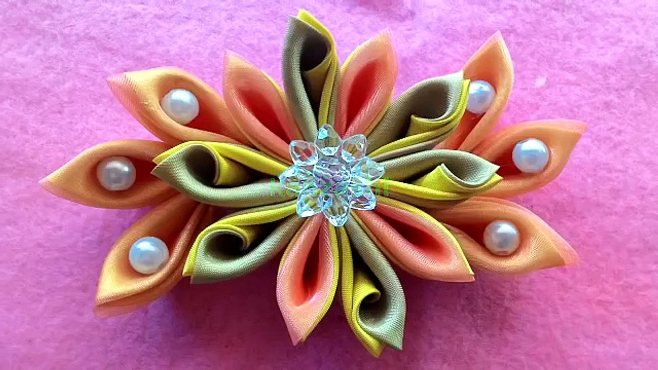 Diy _ how to make kanzashi flowers with beads and satin ribbon