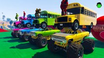 COLORS SUV Cars w SUperhero for Babies and Cartoon for Kids & BUS on Monster Truck - Learn Colors