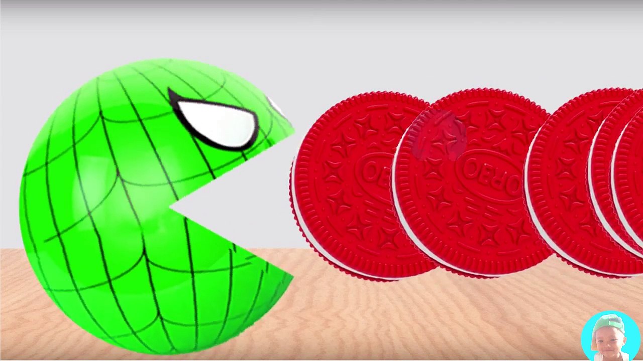 Cartoons for kids 3D Pacman Suprise Eggs Spiderman eating OREO COOKIES Learning Colors