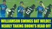 India vs NZ 3rd ODI : MS Dhoni escapes near injury as Williamson swings bat wildly | Oneindia News