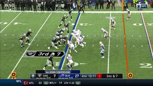 Oakland Raiders wide receiver Amari Cooper somehow holds on to this pass with multiple defenders on him