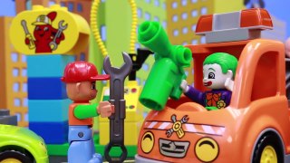 Duplo Lego Batman Batmobile is Towed by Joker and Tow Truck with Duplo Legos Superman Saving Him
