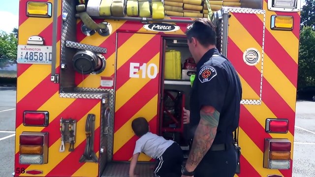 Red Fire Truck Surprises Kids with REAL FireFighter - Fire Truck Learning Videos for Children