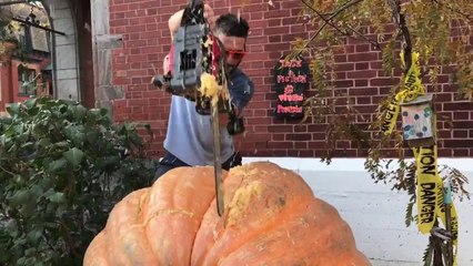 Download Video: Il rentre dans une citrouille de 500kgs vidée devant sa maison pour Halloween !