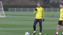 Harry Kane gives OK sign in training before Tottenham face Real Madrid