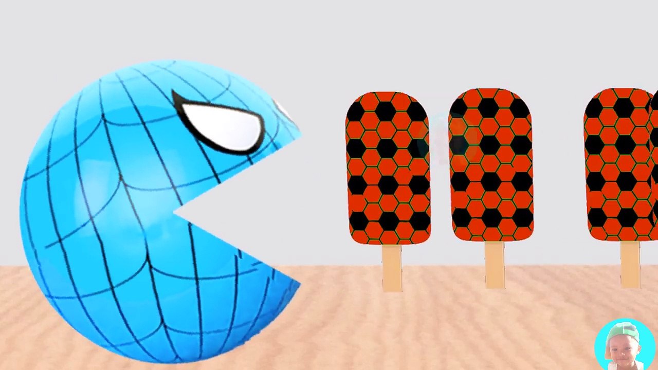 Cartoons for kids 3D Pacman Suprise Eggs Spiderman eating ICE CREAM Learning Colors