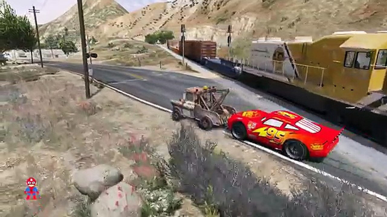 Mater Tow Truck Saves McQueen from Train Trouble Spiderman Cartoon for Kids with Nursery Rhymes