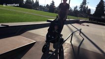 Awesome skateboarding dad does tricks while pushing son's stroller