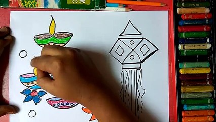 How to draw colourful diya and lantern for Diwali wishes step by step very easily for kids