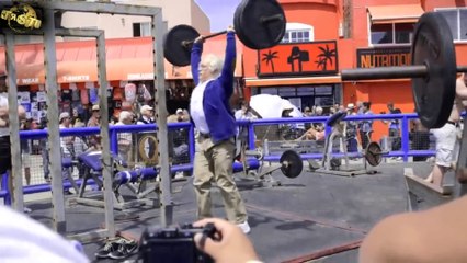 An athlete, masquerading to an old man, makes the training ladder for laughter.