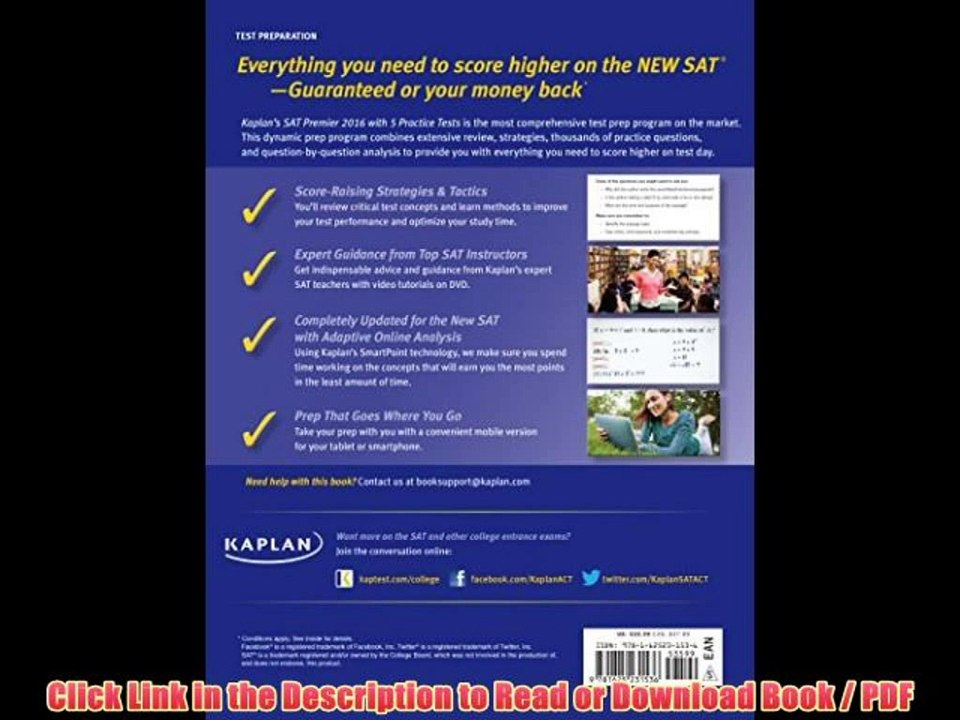 Read Kaplan New SAT Premier 2016 with 5 Practice Tests: Personalized Feedback + Book + Online + DVD + Mobile (Kaplan Test Prep) PDF Book