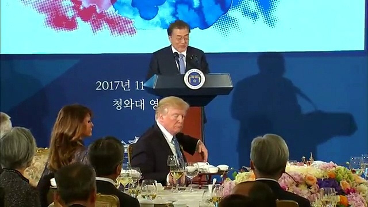 President Donald J. Trump and first lady Melania Trump attend a state dinner in South Korea.