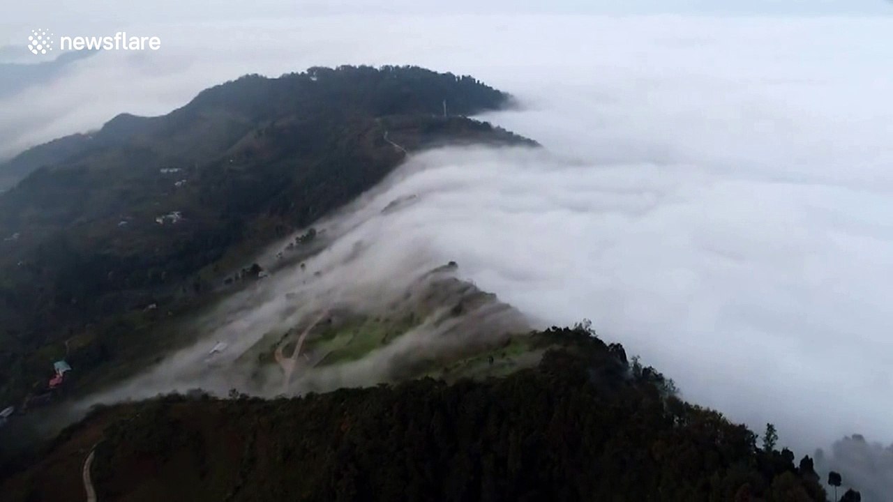 'Cloud waterfall' rolls down mountain in southern China