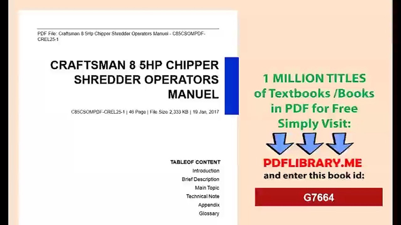 Craftsman 85Hp Chipper Shredder Operators Manuel