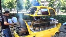 Old Fiat 500 Grilling Beef, Burgers and Skewers. Funny Street Food of Italy