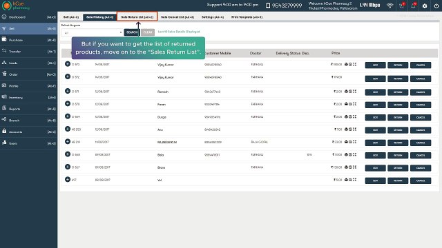 hCue Pharmacy Software - How to reprint sales return bill from sales return list