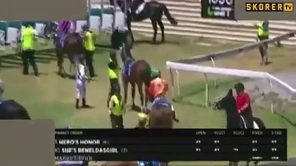 Le jockey descend de son cheval...et le frappe !