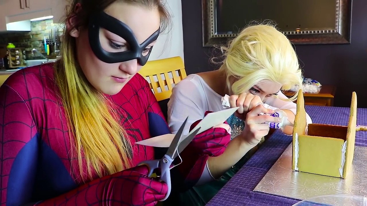 Frozen Elsa & Spidergirl GINGERBREAD CASTLE w_ Spiderman Joker Disney Cookie House Superhero Fun IRL | Superheroes | Spiderman | Superman | Frozen Elsa | Joker