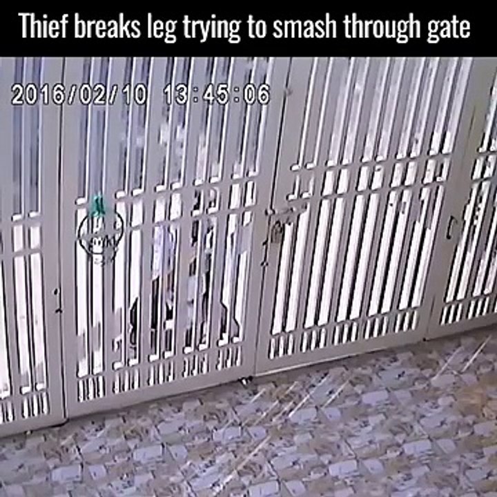 Thief breaks his leg trying to smash through gate [instant karma]