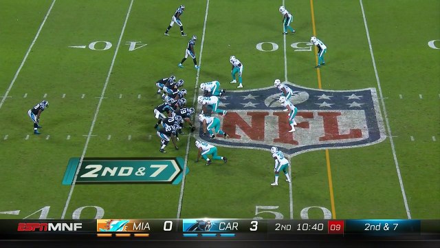 2017 - Cam Newton throws a dart to Curtis Samuel amid three defenders
