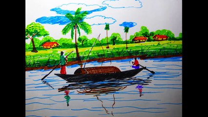 How to Draw Boats & A Riverside landscape by sketch pen step by step