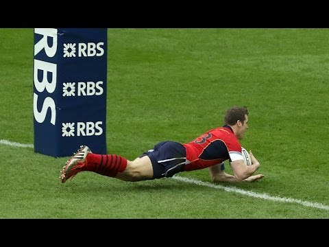 Brilliant Mark Bennett Intercepts and dives in for 1st Try, Scotland v Italy, 28th Feb 2015
