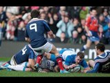 Stuart Hogg follows up his own kick ahead to score super Try - Scotland v France 8th March 2014