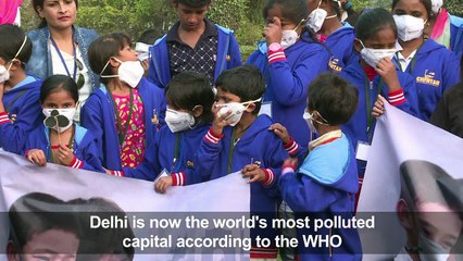 Dozens of New Delhi children take part in anti-smog protest
