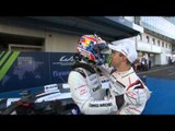 Festivities for the Porsche camp as Mark Webber alights from the winning car