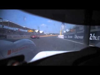 Aerial view of Audi #7 overtaking Porsche #17