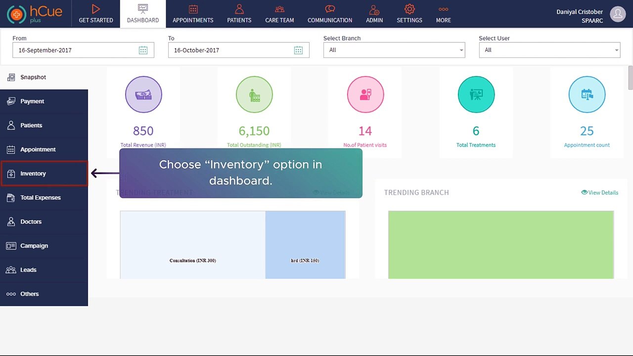 hCue Dental Software-How to view inventory details of a Particular Doctor-Staff in dashboard?