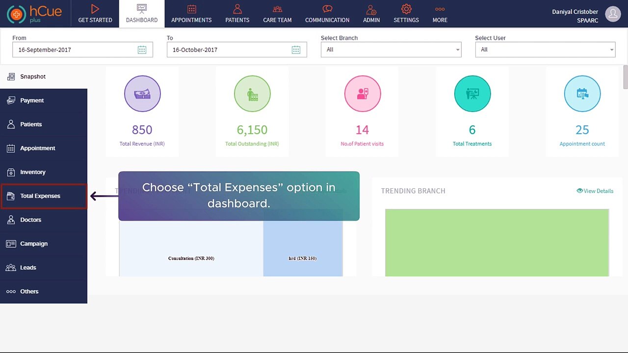 hCue Dental Software-How to view total expenses of a Particular Doctor-Staff in dashboard?