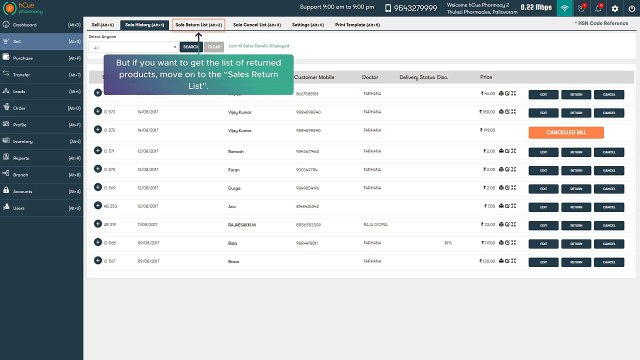 hCue Medical Store Software- How to search for a return billing using customer name?
