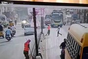 Sweeper gets clean swiped by Bus!