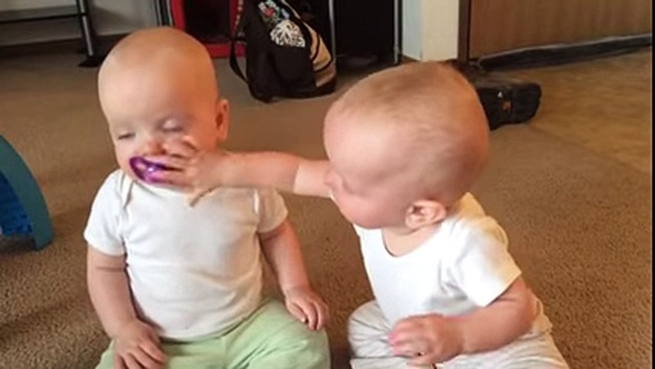 Twin baby girls fight over pacifier