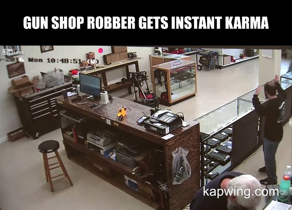 GUN SHOP ROBBER GETS INSTANT KARMA