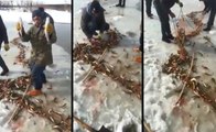 Buz Tutan Derede Balık Avı Bereketli Oldu