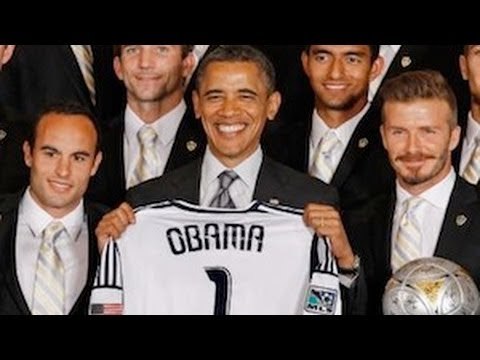 US President Barack Obama jokes with David Beckham