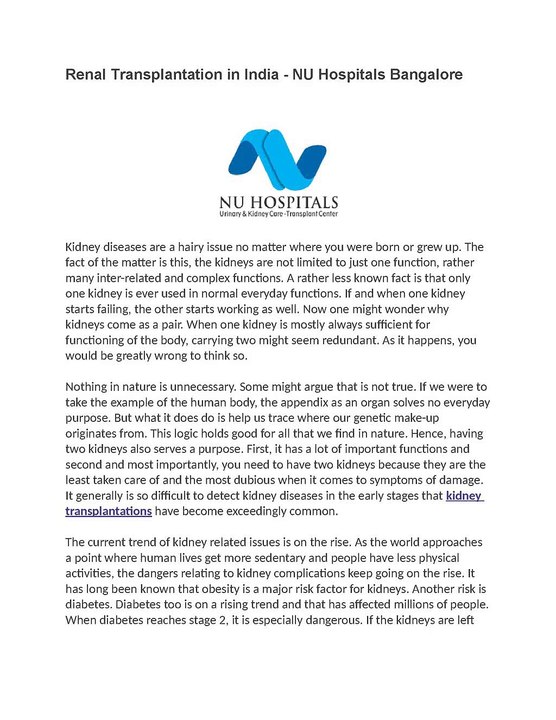 Renal Transplantation in India - NU Hospitals Bangalore, India