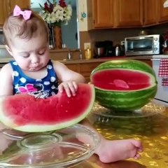 Ce bébé dévore une énorme tranche de pastèque !
